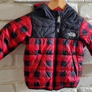 The North Face Red and Black Plaid Puffer Jacket
